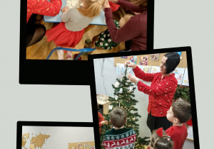 Rodzice i dzieci ozdabiają choinkę