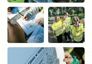 Dzieci w koszulkach odblaskowych podczas spaceru uzupełniają kartę z zadaniami