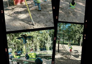 Dzieci w kamizelkach odblaskowych wspinają się na sprzętu na placu zabaw