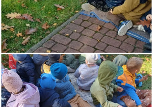 Kolaż zdjęć przesstawiających dzieci relaksujące się na kocach w ogrodzie przedszkolnym