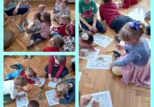 Dzieci słuchają opowiadania i kolorują obrazki.