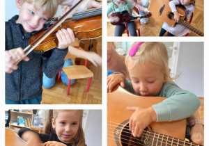 Spotkanie z muzyką - Dzieci zapoznają się z wyglądem i brzmieniem instrumentów smyczkowych. Dzieci grają na skrzypcach, na gitarze, na mandolinie i na ukulele