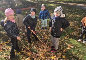 Sensorki grabią liście w przedszkolnym ogrodzie