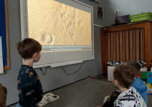 Dzieci oglądają film edukacyjny o praptaku Archaeornithesie