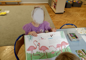 Dziewczynka z książką o flamingach